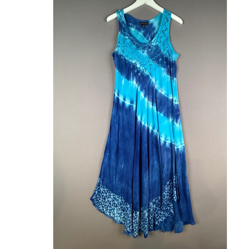 GreaterGood Maxi Dress Women M L Blue Tie Dye Embroidered Boho‎ Handkerchief Hem